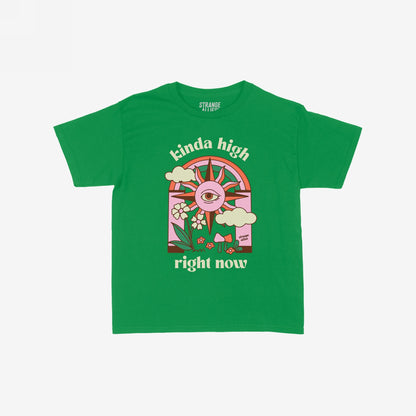 Kinda High Women's Baby Tee with retro-psychedelic graphic: arched design featuring a stylized sun with an all-seeing eye, puffy clouds, flowers, and mushroom, with kinda high and right now text accents.