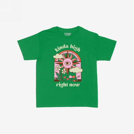 Kinda High Women's Baby Tee with retro-psychedelic graphic: arched design featuring a stylized sun with an all-seeing eye, puffy clouds, flowers, and mushroom, with kinda high and right now text accents.