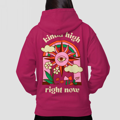 Back view of the Kinda High Hoodie featuring a psychedelic graphic with a third-eye sun, rainbow, clouds, and mushrooms, embodying a whimsical, retro-inspired design with the phrases “kinda high” and “right now.”