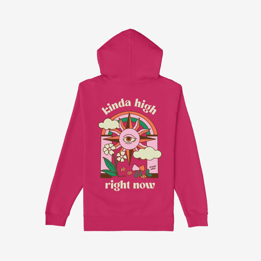 The Kinda High Hoodie & Sweatshirt displays a retro psychedelic graphic with a sunburst third-eye, clouds, daisies, and mushrooms, framed by vibrant colors, capturing a whimsical and bold expression.