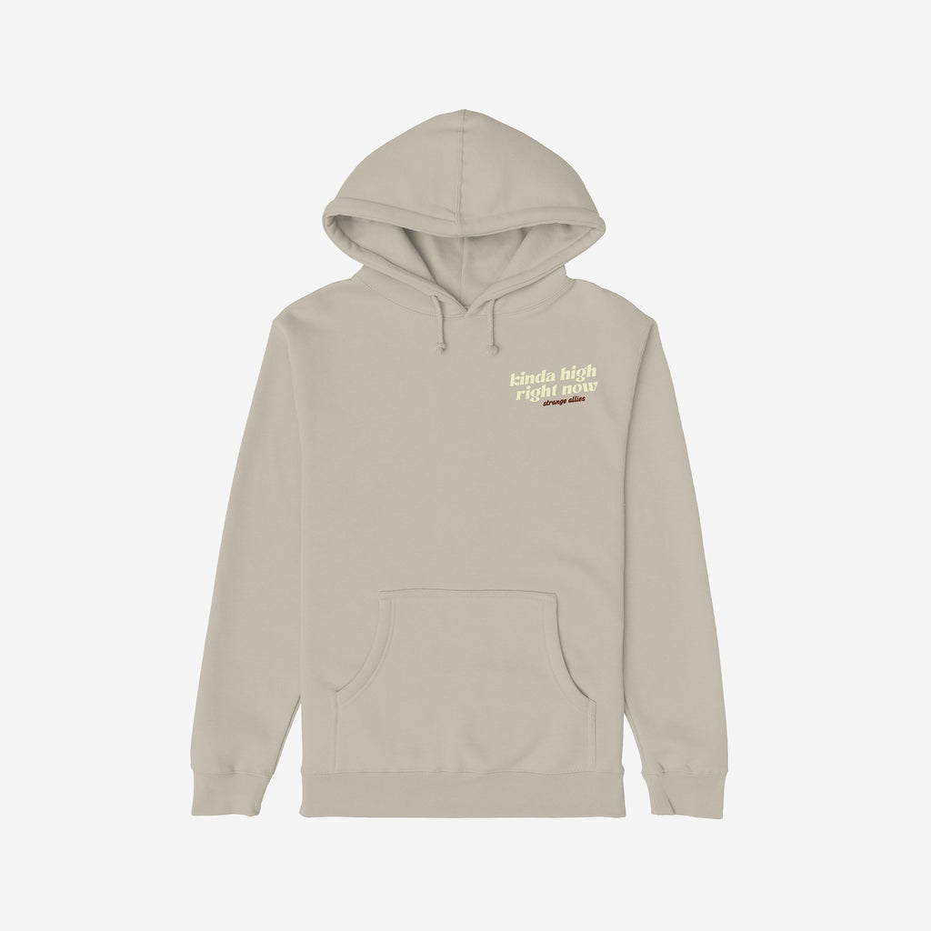 Kinda High Hoodie: Light-tan pullover with drawstring hood, kangaroo pocket, ribbed cuffs, and “kinda high right now” print on chest, reflecting a whimsical, artistic vibe. Ideal for free-spirited adventurers.