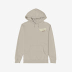 Kinda High Hoodie: Light-tan pullover with drawstring hood, kangaroo pocket, ribbed cuffs, and “kinda high right now” print on chest, reflecting a whimsical, artistic vibe. Ideal for free-spirited adventurers.