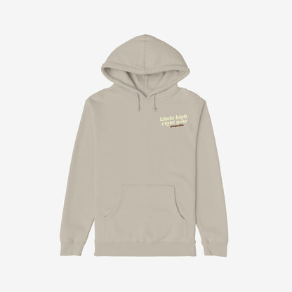 Kinda High Hoodie: Light-tan pullover with drawstring hood, kangaroo pocket, ribbed cuffs, and “kinda high right now” print on chest, reflecting a whimsical, artistic vibe. Ideal for free-spirited adventurers.