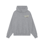 Kinda High Hoodie: Light-tan pullover with drawstring hood, kangaroo pocket, ribbed cuffs, and “kinda high right now” pri