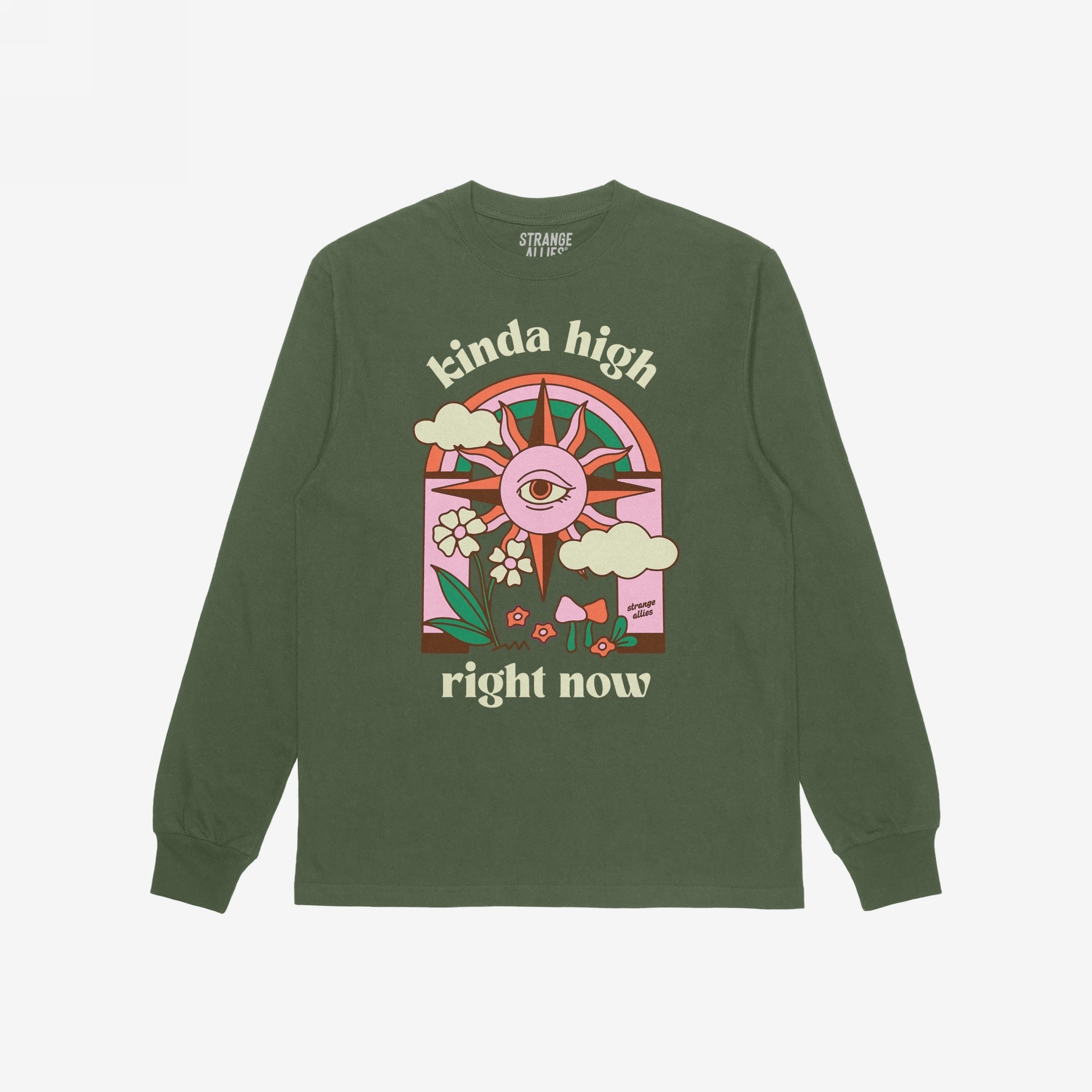 Kinda High T-shirt featuring a retro psychedelic design with a sun, rainbow, clouds, flowers, and mushrooms, captures a whimsical, introspective vibe with the phrase kinda high right now above and below.