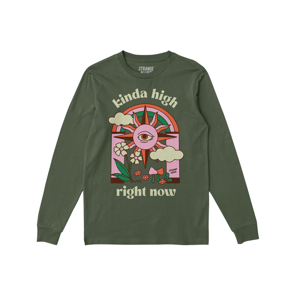 Kinda High T-shirt featuring a retro psychedelic design with a sun, rainbow, clouds, flowers, and mushrooms, captures a whims