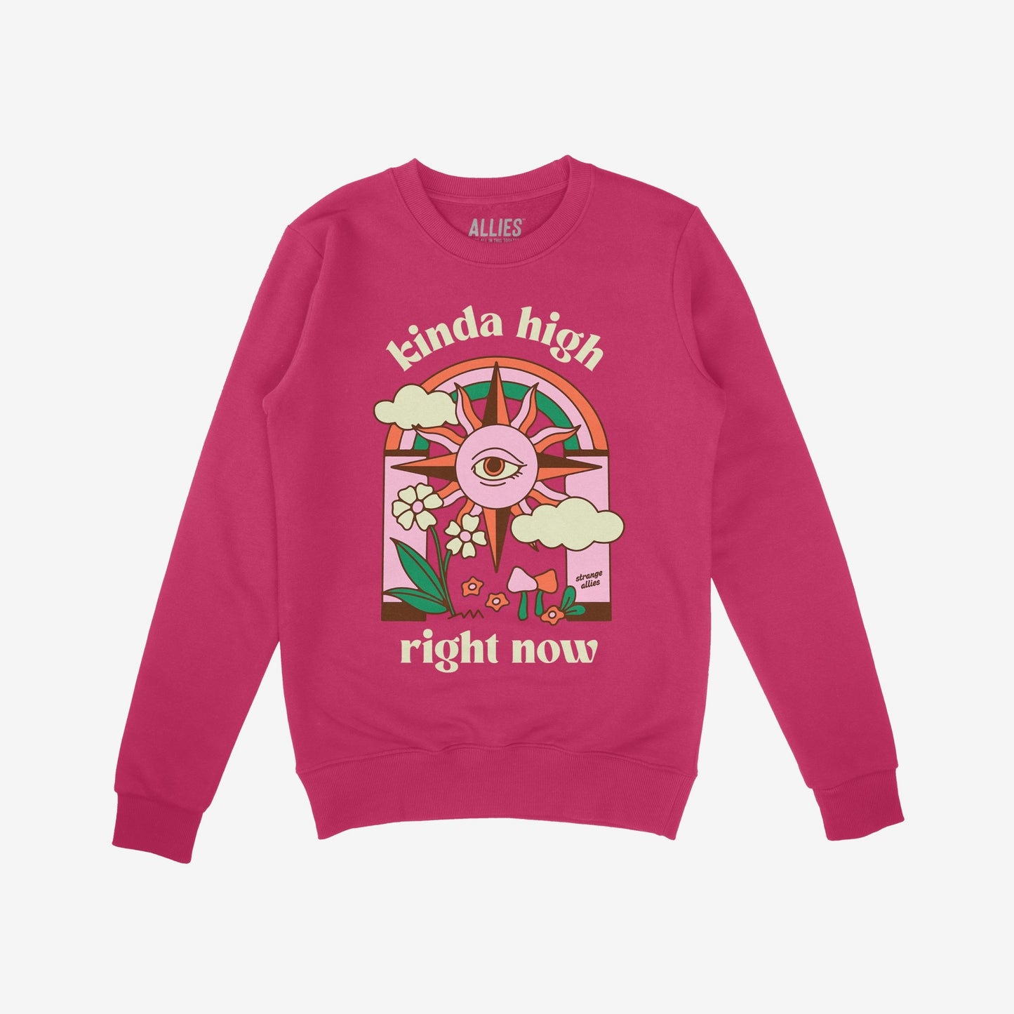 Kinda High Hoodie & Sweatshirt featuring a retro-psychedelic design with a rainbow-arched third-eye sun, clouds, flowers, and mushrooms. Text reads “kinda high right now;” perfect for free spirits and dreamers.