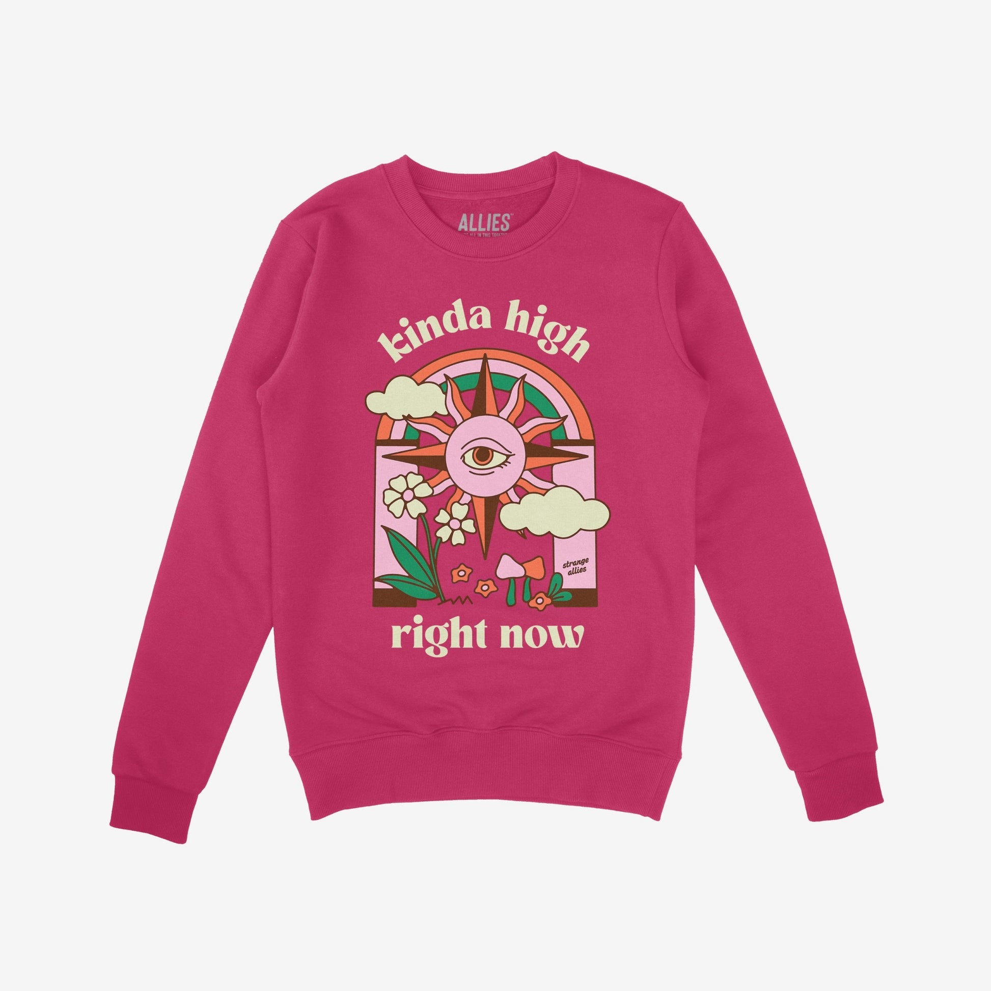 Kinda High Hoodie & Sweatshirt featuring a retro-psychedelic design with a rainbow-arched third-eye sun, clouds, flowers, and mushrooms. Text reads “kinda high right now;” perfect for free spirits and dreamers.
