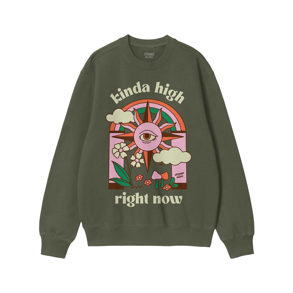 Kinda High Hoodie & Sweatshirt featuring a retro-psychedelic design with a rainbow-arched third-eye sun, clouds, flowers, and
