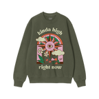 Kinda High Hoodie & Sweatshirt featuring a retro-psychedelic design with a rainbow-arched third-eye sun, clouds, flowers, and