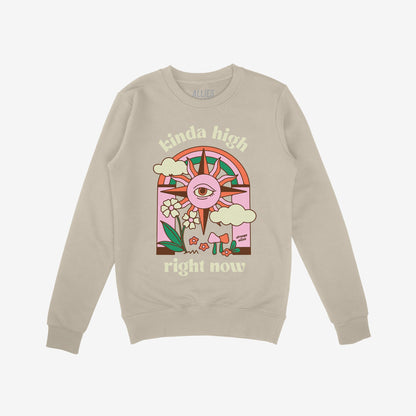 Light-beige crewneck sweatshirt featuring the Kinda High Hoodie & Sweatshirt design with a retro sun, clouds, flowers, mushrooms, and the phrase “kinda high right now” in vibrant colors.