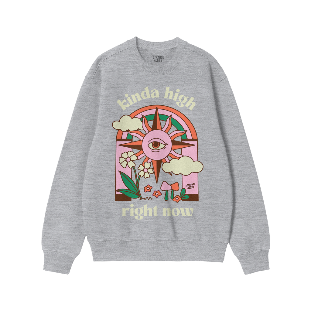 Light-beige crewneck sweatshirt featuring the Kinda High Hoodie & Sweatshirt design with a retro sun, clouds, flowers, mushro