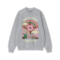 Light-beige crewneck sweatshirt featuring the Kinda High Hoodie & Sweatshirt design with a retro sun, clouds, flowers, mushro