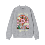 Light-beige crewneck sweatshirt featuring the Kinda High Hoodie & Sweatshirt design with a retro sun, clouds, flowers, mushro
