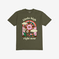 Kinda High T-shirt features a retro-psychedelic sun with an all-seeing eye, surrounded by clouds, flowers, and mushrooms, conveying a relaxed, introspective vibe with a vintage font.