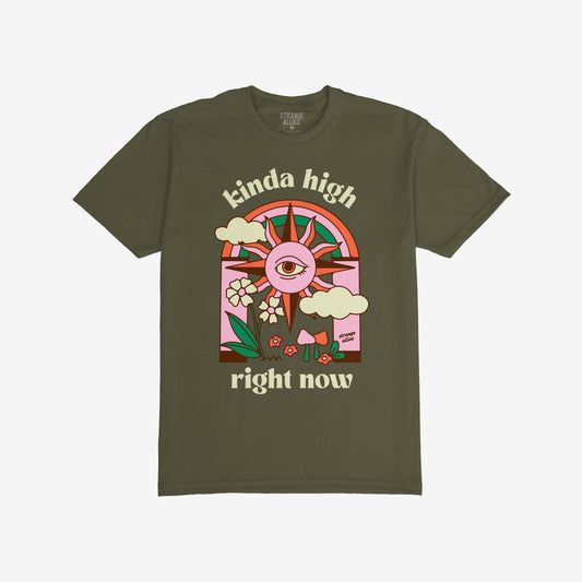 Kinda High T-shirt features a retro-psychedelic sun with an all-seeing eye, surrounded by clouds, flowers, and mushrooms, conveying a relaxed, introspective vibe with a vintage font.