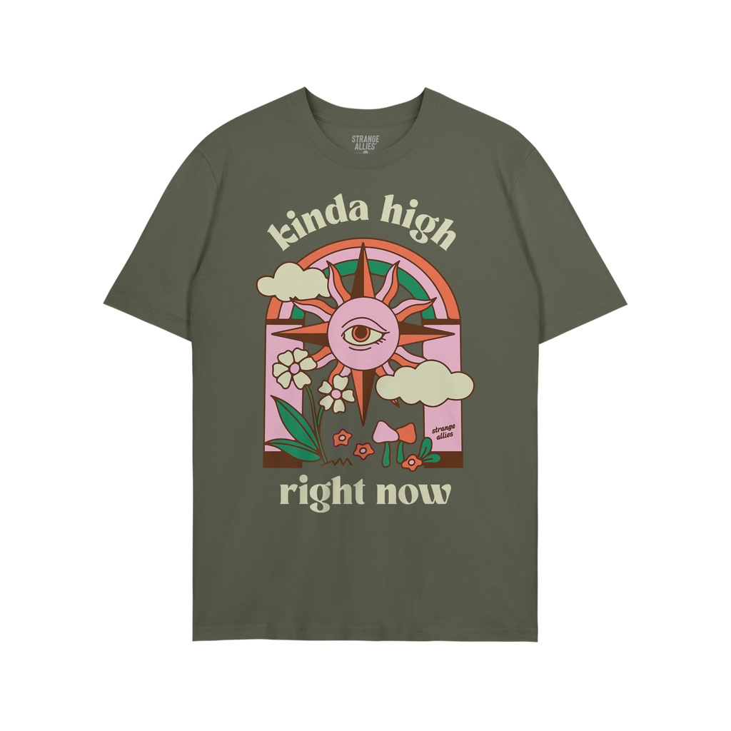 Kinda High T-shirt features a retro-psychedelic sun with an all-seeing eye, surrounded by clouds, flowers, and mushrooms, con