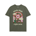 Kinda High T-shirt features a retro-psychedelic sun with an all-seeing eye, surrounded by clouds, flowers, and mushrooms, con