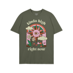 Kinda High T-shirt features a retro-psychedelic sun with an all-seeing eye, surrounded by clouds, flowers, and mushrooms, con