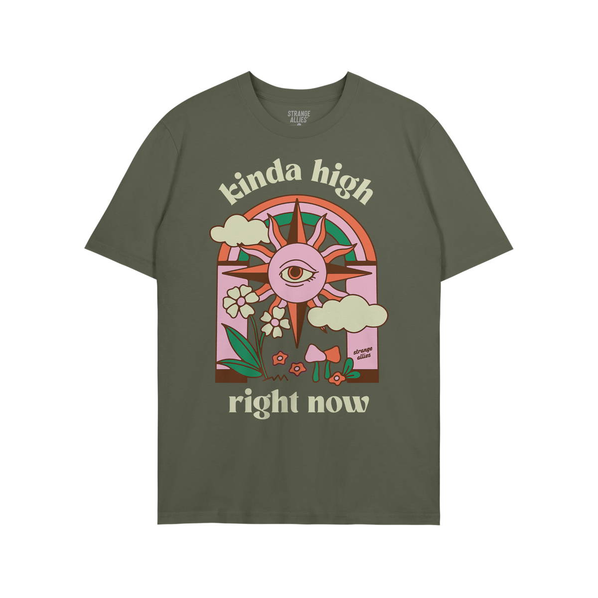 Kinda High T-shirt features a retro-psychedelic sun with an all-seeing eye, surrounded by clouds, flowers, and mushrooms, con