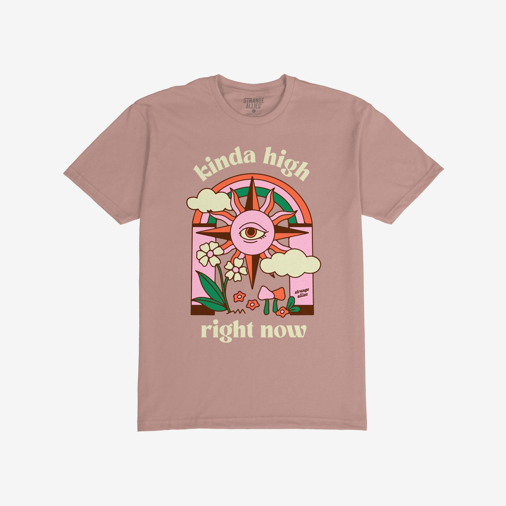 Kinda High T-shirt featuring a retro psychedelic design with a stylized sun, single eye, rainbow, clouds, and mushrooms, encapsulating a laid-back, spaced-out vibe.