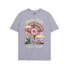 Kinda High T-shirt featuring a retro psychedelic design with a stylized sun, single eye, rainbow, clouds, and mushrooms, enca