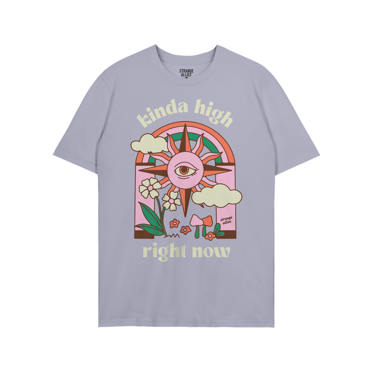 Kinda High T-shirt featuring a retro psychedelic design with a stylized sun, single eye, rainbow, clouds, and mushrooms, enca