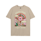 Kinda High T-shirt featuring a retro-psychedelic sun with an eye, rainbow arch, clouds, flowers, and mushrooms, highlighting 