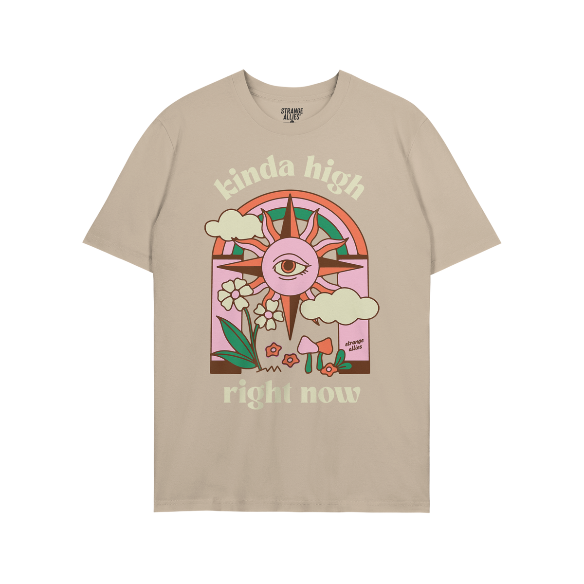 Kinda High T-shirt featuring a retro-psychedelic sun with an eye, rainbow arch, clouds, flowers, and mushrooms, highlighting 