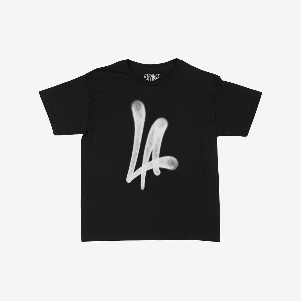 LA Handstyle Women's Baby Tee featuring a bold, white spray-paint “LA” graphic in a dripping tag design on a black short-sleeve T-shirt, embodying retro Y2K style and urban artistic expression.