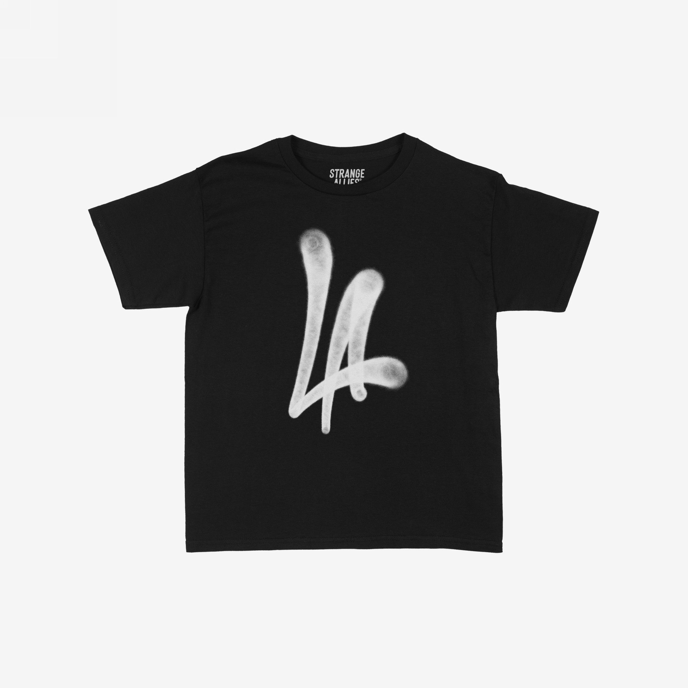 LA Handstyle Women's Baby Tee featuring a bold, white spray-paint “LA” graphic in a dripping tag design on a black short-sleeve T-shirt, embodying retro Y2K style and urban artistic expression.