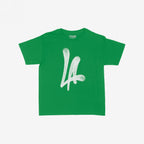 LA Handstyle Women's Baby Tee in bright kelly-green, featuring a prominent graffiti-inspired LA logo in soft white. The label STRANGE ALLIES is visible inside the collar.