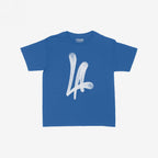 LA Handstyle Women's Baby Tee in medium blue features a bold white LA spray-paint graphic on the chest, capturing a retro Y2K vibe. The collar displays the tagline STRANGE ALLIES.