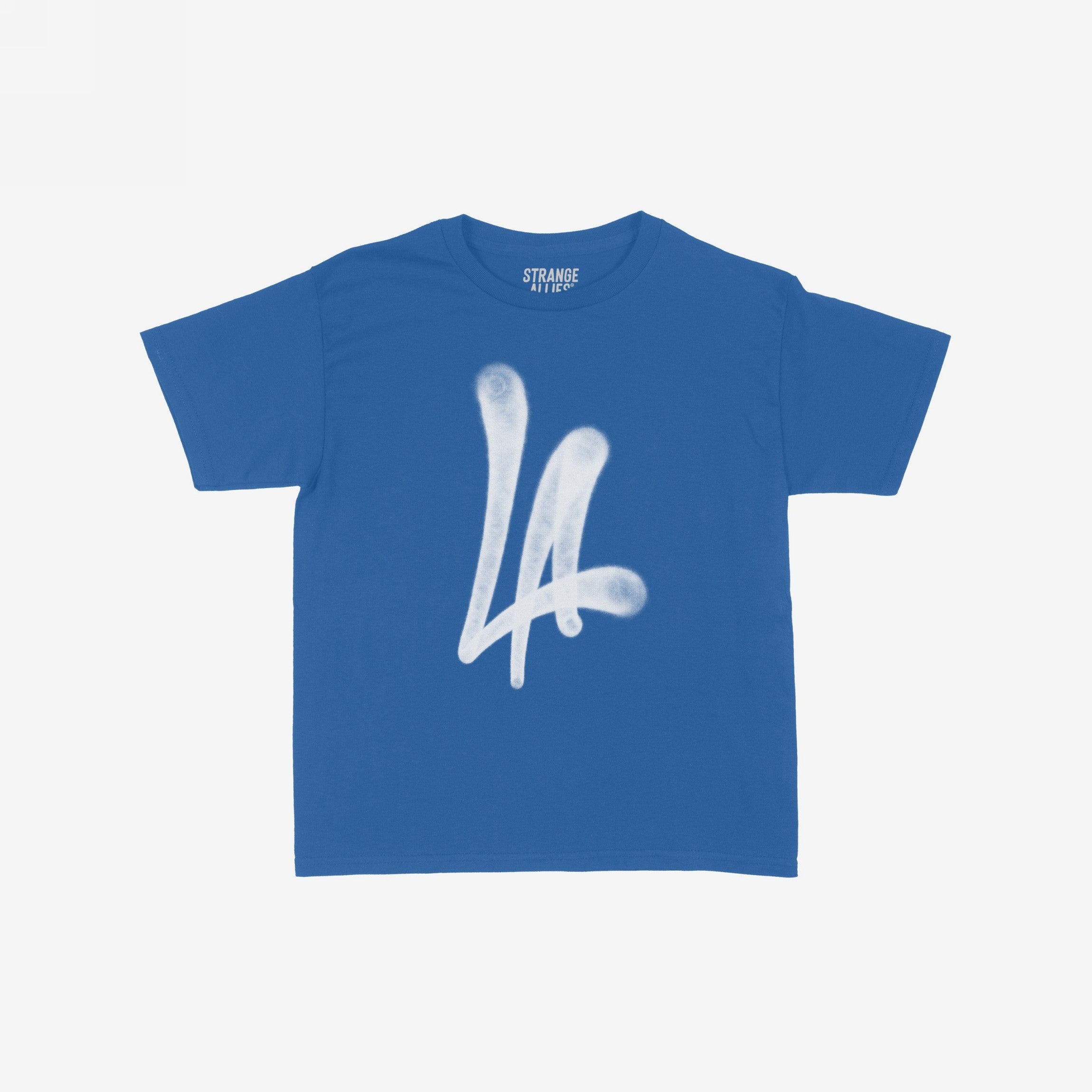 LA Handstyle Women's Baby Tee in medium blue features a bold white LA spray-paint graphic on the chest, capturing a retro Y2K vibe. The collar displays the tagline STRANGE ALLIES.