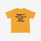 Mustard-yellow Support Your Local Lager Maker Women's Baby Tee with retro script, embodying a rebellious spirit. Ideal for showcasing brewery pride and supporting local craftsmanship.