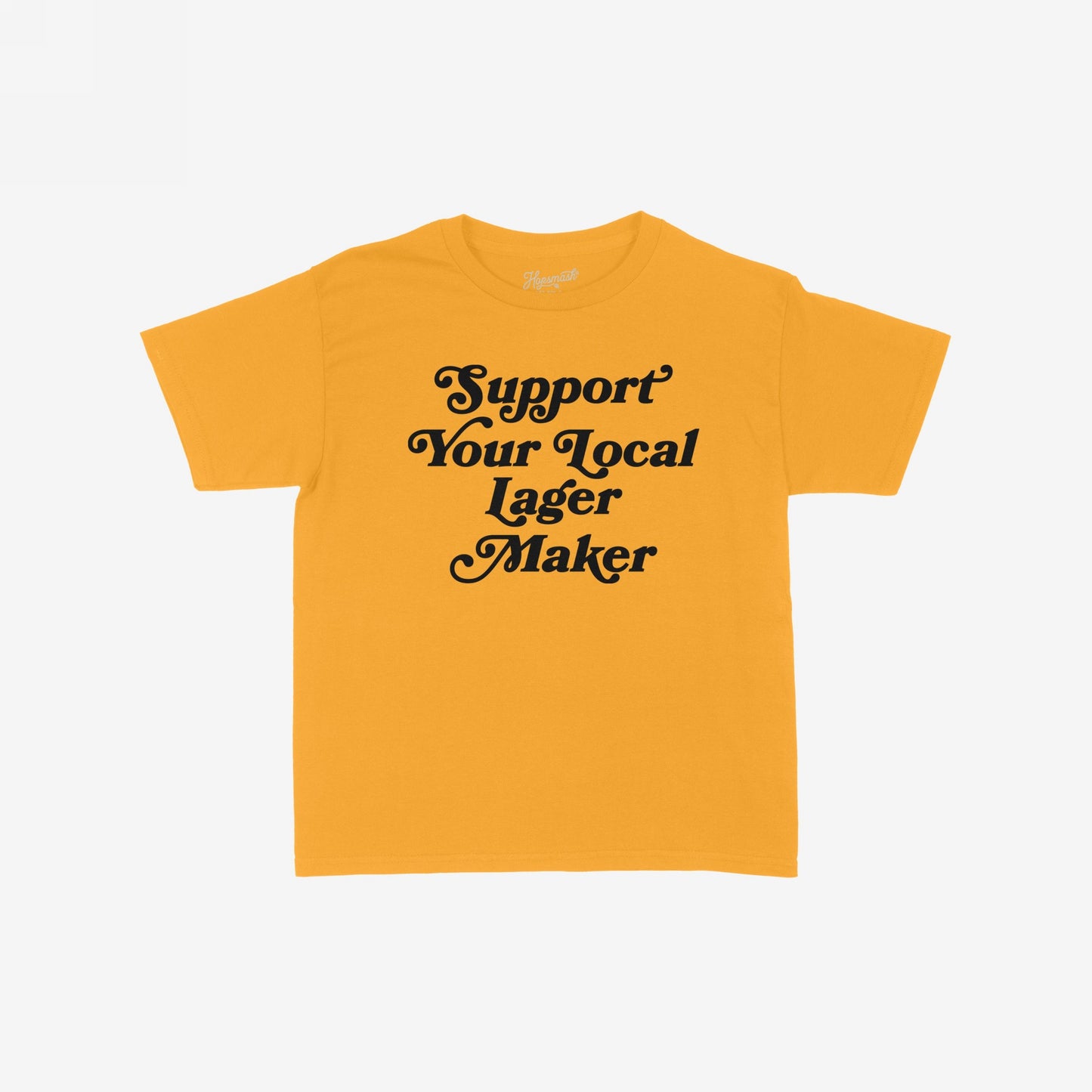 Mustard-yellow Support Your Local Lager Maker Women's Baby Tee with retro script, embodying a rebellious spirit. Ideal for showcasing brewery pride and supporting local craftsmanship.