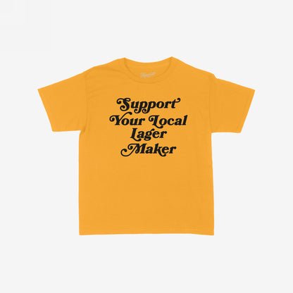 Mustard-yellow Support Your Local Lager Maker Women's Baby Tee with retro script, embodying a rebellious spirit. Ideal for showcasing brewery pride and supporting local craftsmanship.