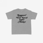 Heather-gray crewneck T-shirt with Support Your Local Lager Maker in bold black vintage script, embodying retro-femme style and rebellious energy. Ideal for showcasing local brewery support and expressing unique individuality.
