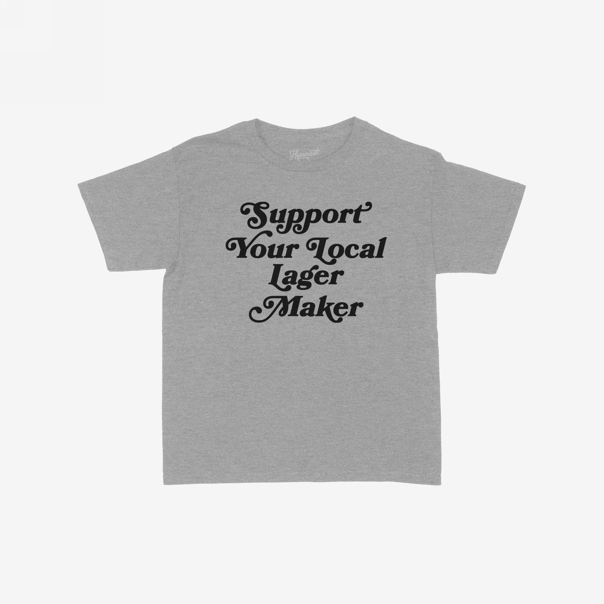 Heather-gray crewneck T-shirt with Support Your Local Lager Maker in bold black vintage script, embodying retro-femme style and rebellious energy. Ideal for showcasing local brewery support and expressing unique individuality.