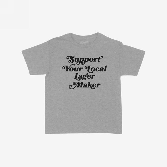 Heather-gray crewneck T-shirt with Support Your Local Lager Maker in bold black vintage script, embodying retro-femme style and rebellious energy. Ideal for showcasing local brewery support and expressing unique individuality.