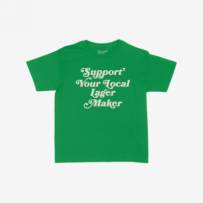 Support Your Local Lager Maker Women's Baby Tee: A bright green, fitted tee with a cream-colored slogan, perfect for celebrating small-batch brewers and showcasing retro-femme style with rebellious energy.