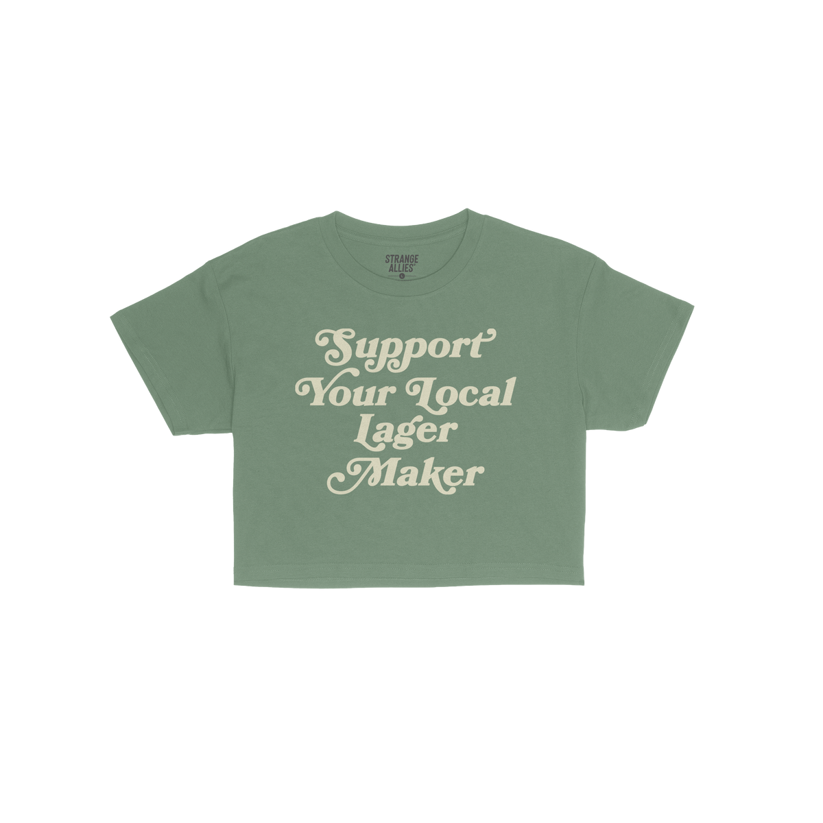Support Your Local Lager Maker Women's Baby Tee: A bright green, fitted tee with a cream-colored slogan, perfect for celebrat
