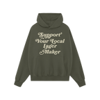 The Support Your Local Lager Maker Hoodie & Sweatshirt features an olive-green pullover with a retro-style script, perfect fo