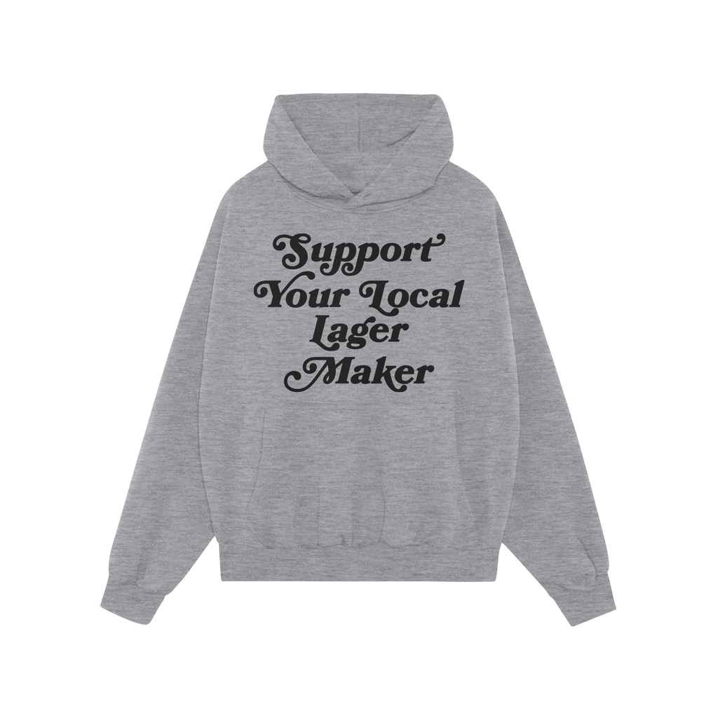Support Your Local Lager Maker Hoodie & Sweatshirt features a light-heather-gray pullover with a retro-style script, promotin