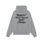 Support Your Local Lager Maker Hoodie & Sweatshirt features a light-heather-gray pullover with a retro-style script, promotin