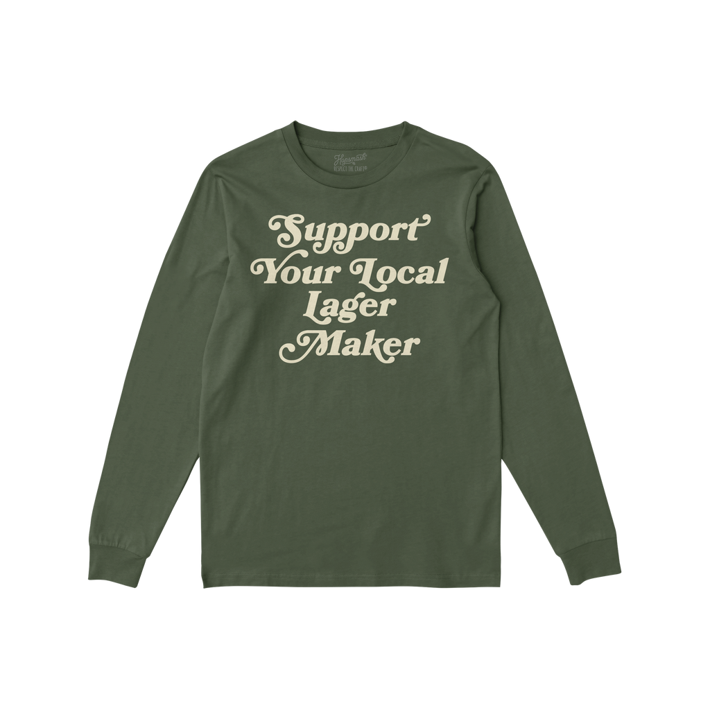 Support Your Local Lager Maker T-shirt with vintage cream text promotes indie breweries. Perfect for craft beer enthusiasts a