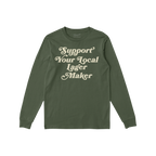 Support Your Local Lager Maker T-shirt with vintage cream text promotes indie breweries. Perfect for craft beer enthusiasts a