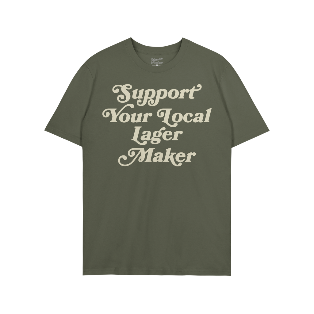 Support Your Local Lager Maker T-shirt featuring retro cream script, embodying neighborhood brewery pride and small-batch spi