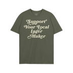 Support Your Local Lager Maker T-shirt featuring retro cream script, embodying neighborhood brewery pride and small-batch spi