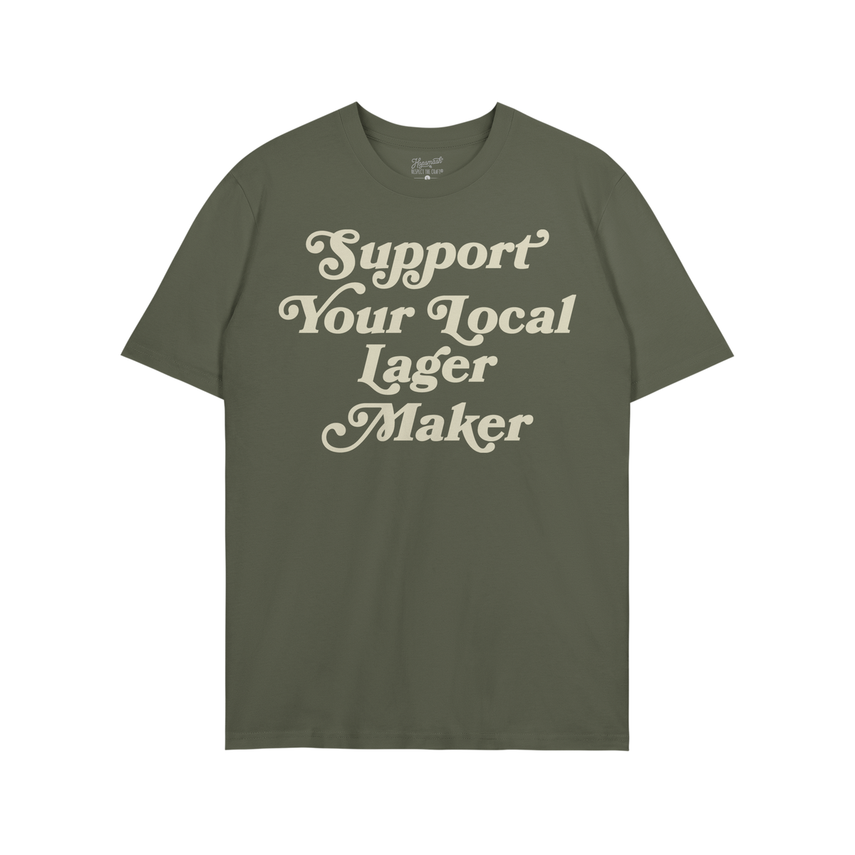 Support Your Local Lager Maker T-shirt featuring retro cream script, embodying neighborhood brewery pride and small-batch spi